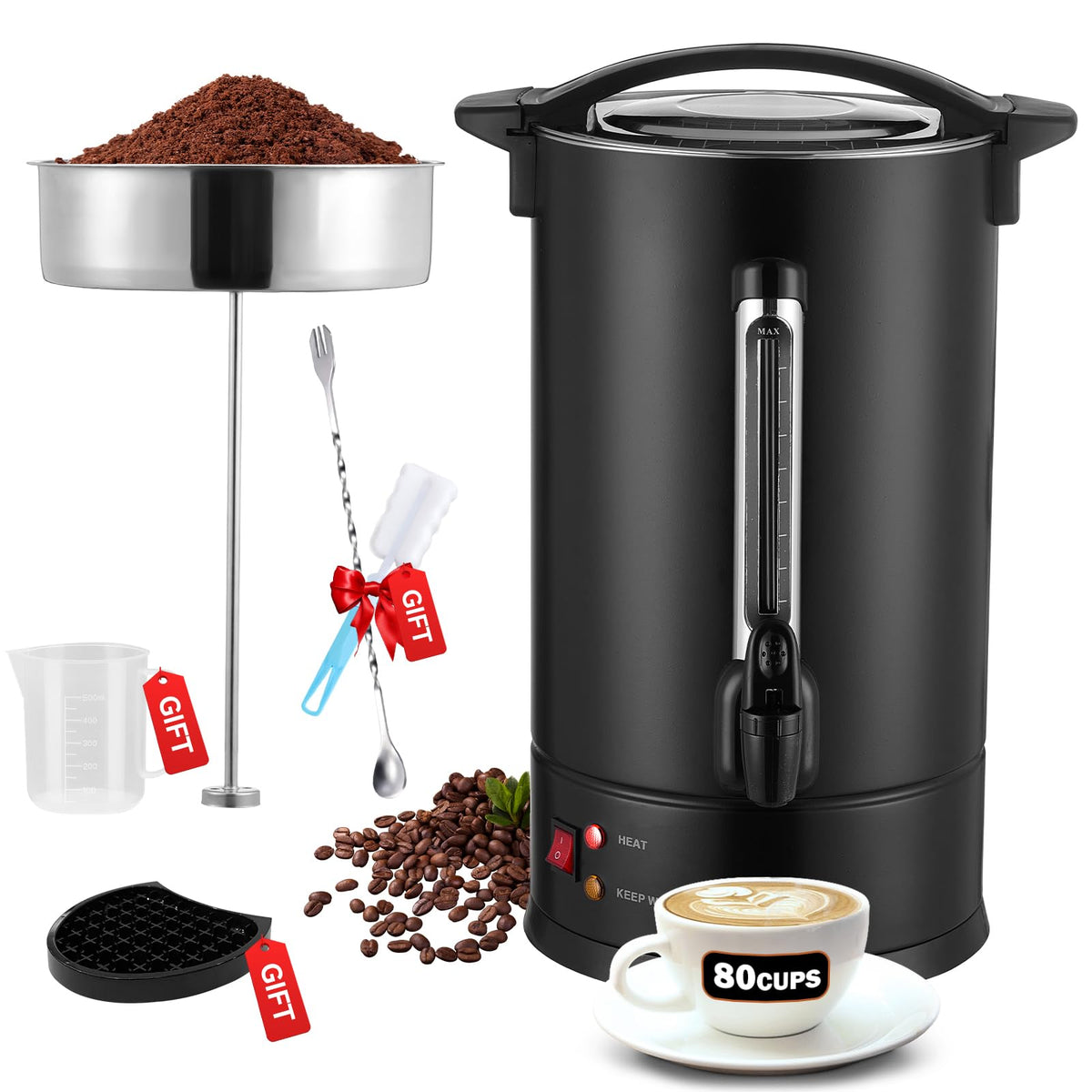 80-Cup Commercial Coffee Urn – 1500W Fast Brew with Auto Temp Control