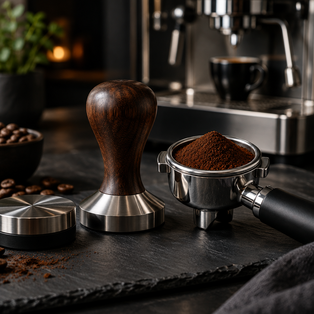 KYONANO espresso tamper and distributor with wood handle on slate surface next to portafilter