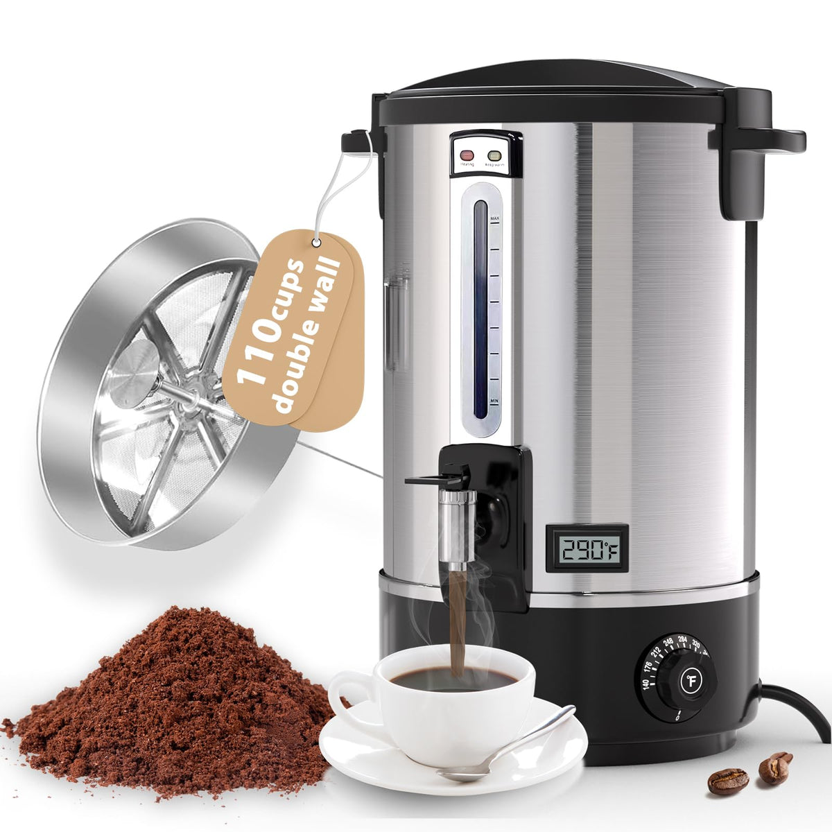 Hijolla 110-Cup Commercial Coffee Urn – Double Wall Stainless Steel with Temperature Control