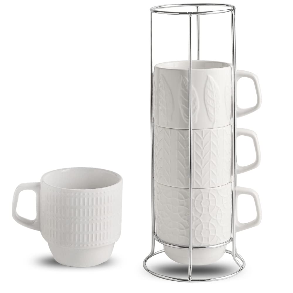 KOOV Ceramic Coffee Mug Set with Stand – 16 oz, Set of 4 (White)