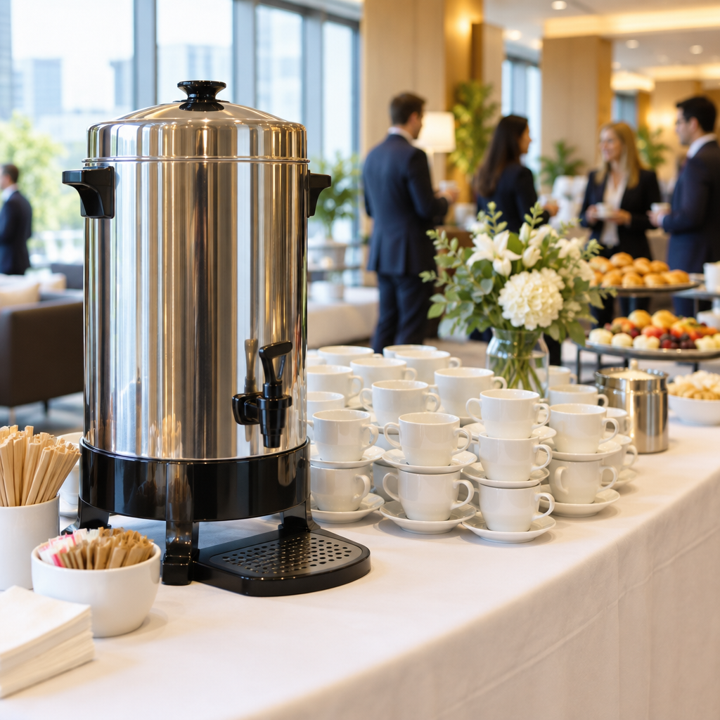 VEVOR 50-cup commercial coffee urn styled on a white linen table at a corporate event with coffee cups arranged beside it