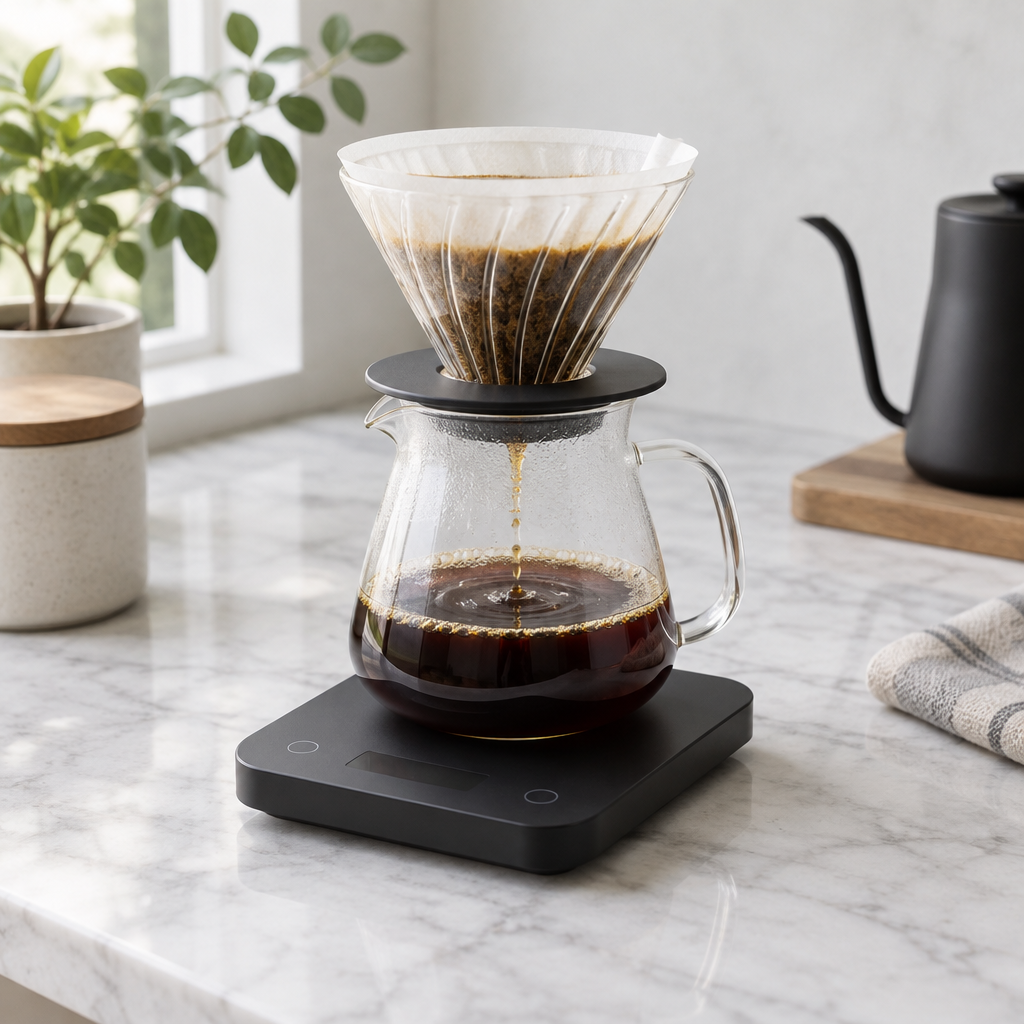 Precision coffee scale with pour-over dripper on marble countertop in natural light